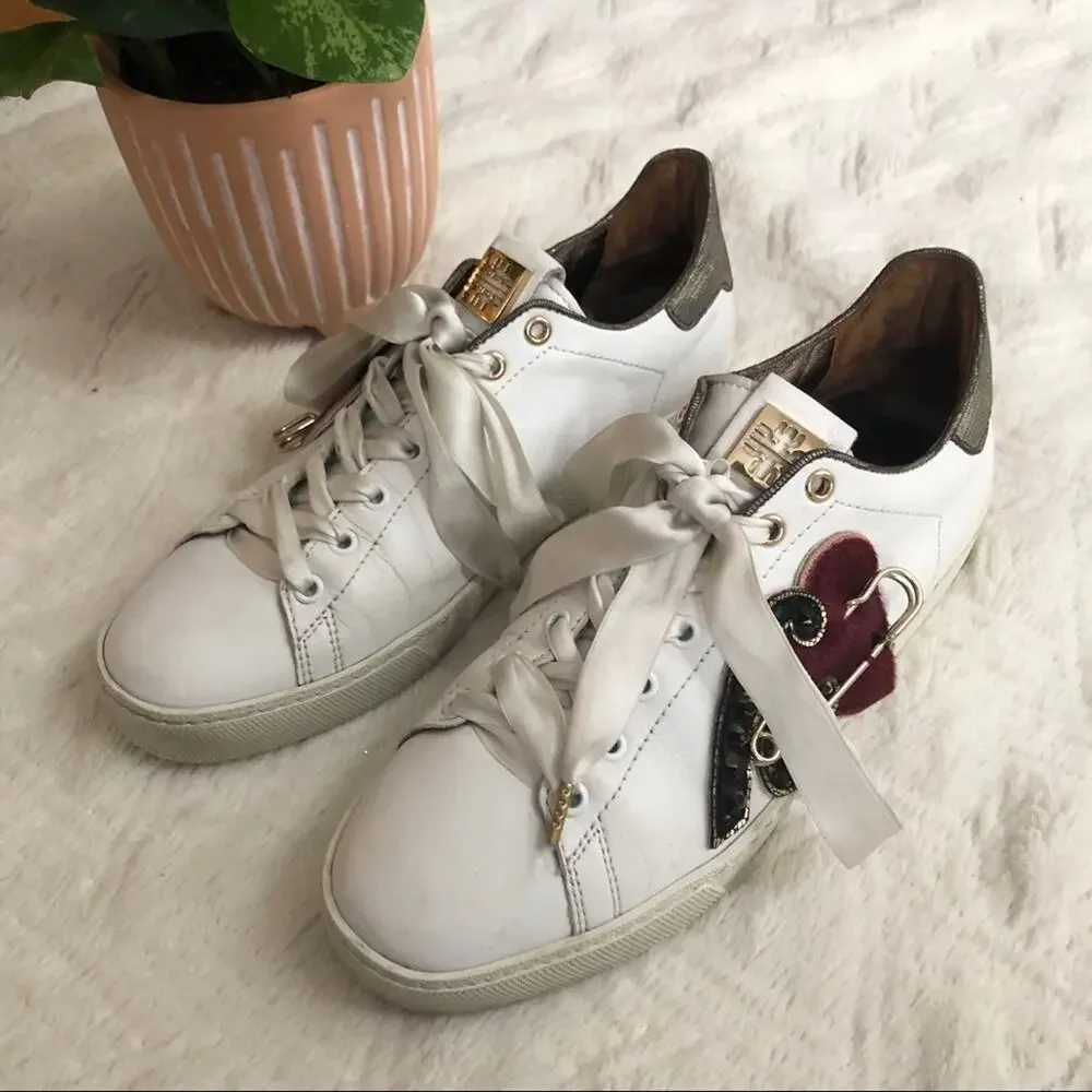 Hogl White Leather Applique Embellished Sneakers